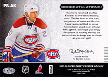 2007-2008 OPC Premier Remnants & Auto PR-AK Alex Kovalev