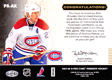 2007-2008 OPC Premier Remnants & Auto PR-AK Alex Kovalev