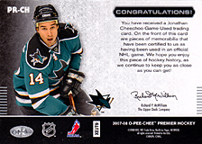 2007-2008 OPC Premier Remnants & Auto PR-CH Jonathan Cheechoo