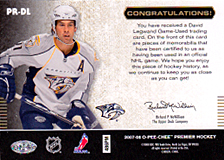 2007-2008 OPC Premier Remnants & Auto PR-DL David Legwand