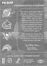 2007-2008 OPC Premier Remnants Quadruples PQ-BLMF Marc-Andre Fleury :: Martin Brodeur  :: Roberto Luongo  :: Ryan Miller