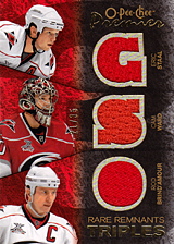 2007-2008 OPC Premier Remnants Triples PT-BSW Cam Ward :: Eric Staal  :: Rod Brind`Amour