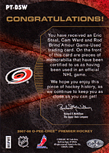 2007-2008 OPC Premier Remnants Triples PT-BSW Cam Ward :: Eric Staal  :: Rod Brind`Amour