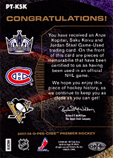 2007-2008 OPC Premier Remnants Triples PT-KSK Anze Kopitar :: Jordan Staal  :: Saku Koivu