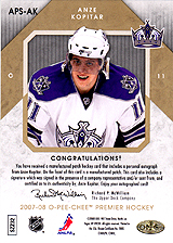 2007-2008 OPC Premier Stitchings Auto APS-AK Anze Kopitar