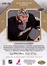 2007-2008 OPC Premier Stitchings Auto APS-JG Jean-Sebastien Giguere