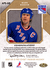 2007-2008 OPC Premier Stitchings Auto APS-ME Mark Messier