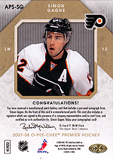 2007-2008 OPC Premier Stitchings Auto APS-SG Simon Gagne