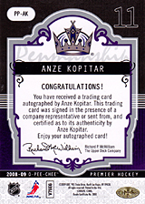 2008-2009 OPC Premier Penmanship PP-AK Anze Kopitar