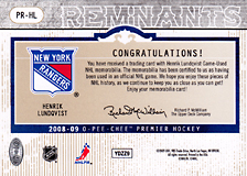 2008-2009 OPC Premier Remnants & Auto PR-HL Henrik Lundqvist