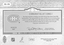 2008-2009 OPC Premier Remnants & Auto PR-PR Patrick Roy