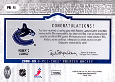 2008-2009 OPC Premier Remnants & Auto PR-RL Roberto Luongo