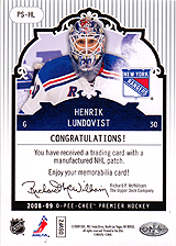 2008-2009 OPC Premier Stitchings PS-HL Henrik Lundqvist