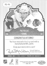 2008-2009 OPC Premier Stitchings PS-PK Patrick Kane