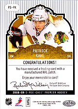 2008-2009 OPC Premier Stitchings PS-PK Patrick Kane