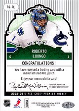 2008-2009 OPC Premier Stitchings PS-RL Roberto Luongo