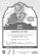 2008-2009 OPC Premier Stitchings Auto APS-CP Carey Price
