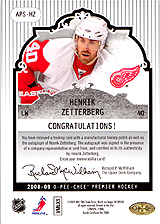 2008-2009 OPC Premier Stitchings Auto APS-HZ Henrik Zetterberg