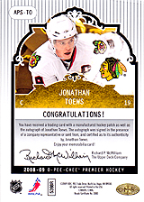 2008-2009 OPC Premier Stitchings Auto APS-TO Jonathan Toews