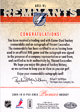 2008-2009 OPC Premier Remnants Triple Auto AR3-VL Vincent Lecavalier